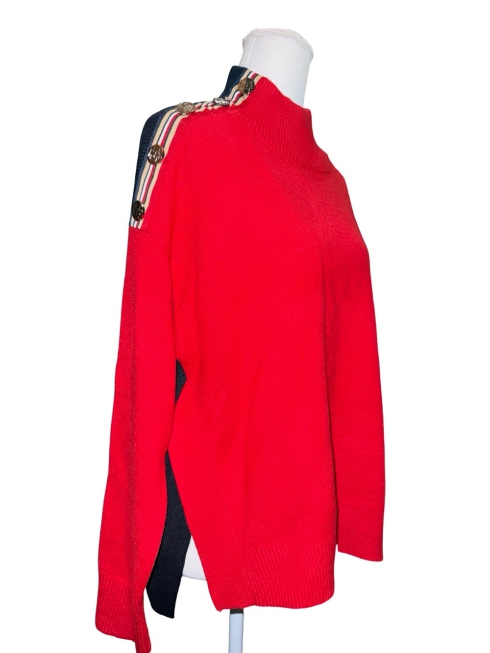 Tommy Hilfiger Mock Neck Sweater Small Red Colorblock Button Shoulder NWT Preppy - Picture 3 of 13